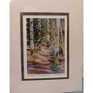Watercolor Art Print by Karol Brown(?) "Aspen Shadows"  Vibrant 8inx10in EUC